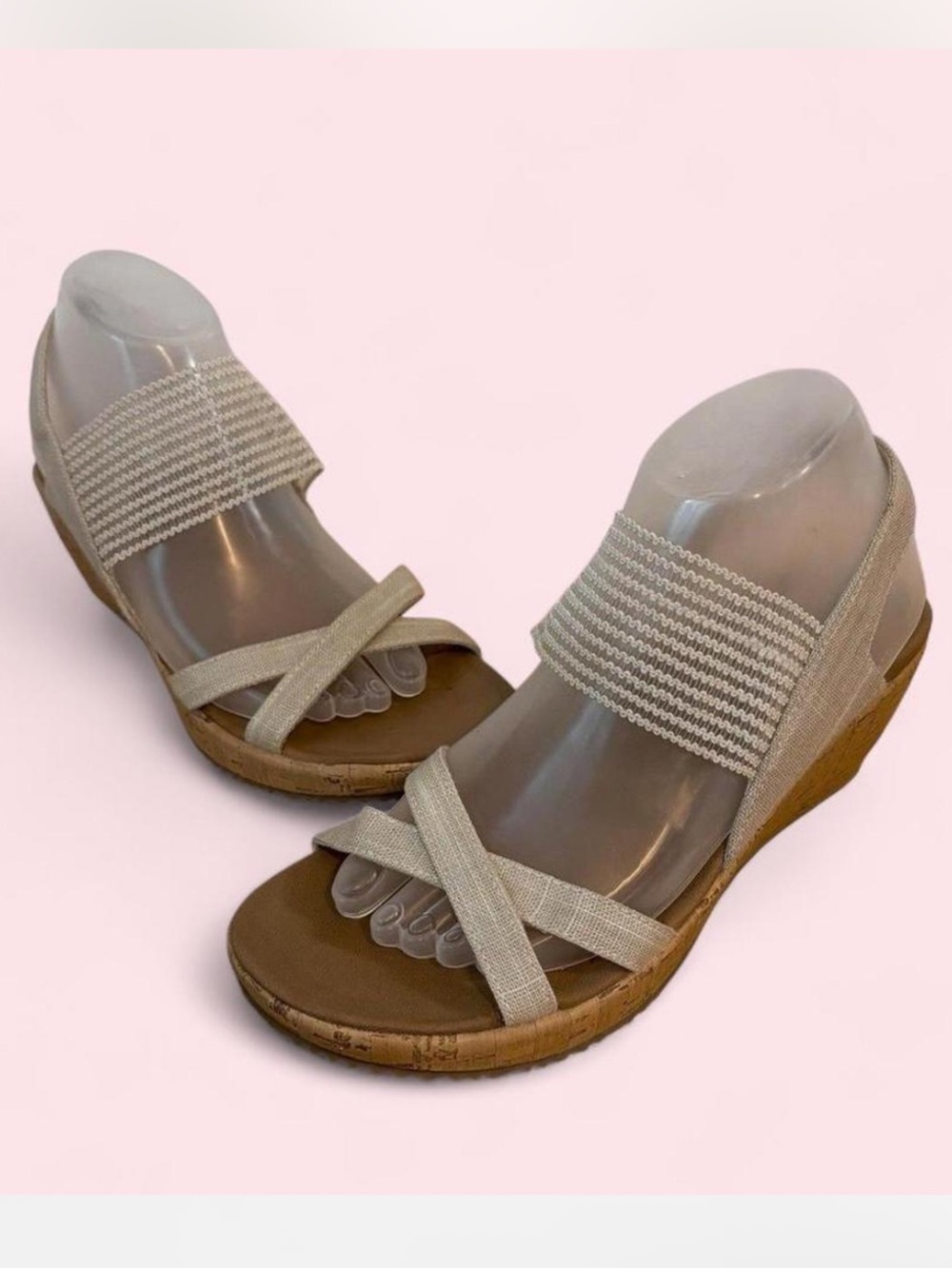 Boho Cork Wedge Sandals Beige Strappy Comfort Heels Womens 9 Skechers Beverlee